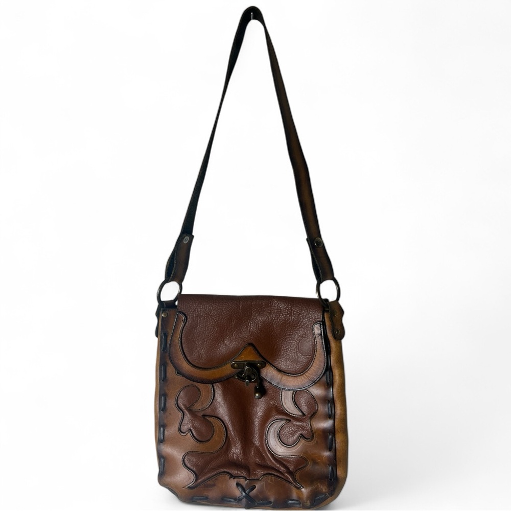 Tooled Leather Crossbody‎ Bag Vintage Western Clasp Appliqué Brown – Sz. OS